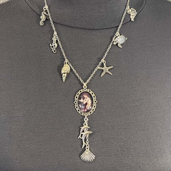 Merrow Celtic Mermaid Mythology Handmade Y Necklace Silver Sea Charms Seashell - Picture 2 of 16